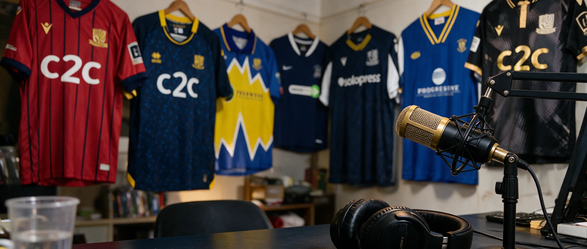 A podcast microphone and headphones in a room lined with Southend United shirts