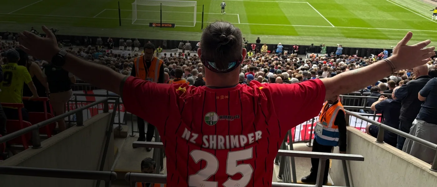 A Southend supporter looking over the pitch from the stand