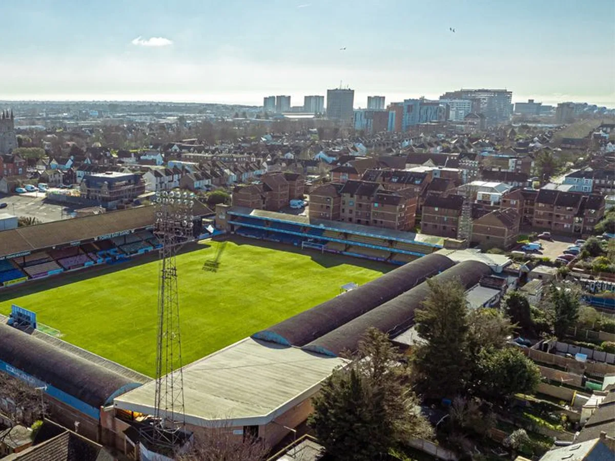 An aerial view of Roots Hall and the Southend skyline.
