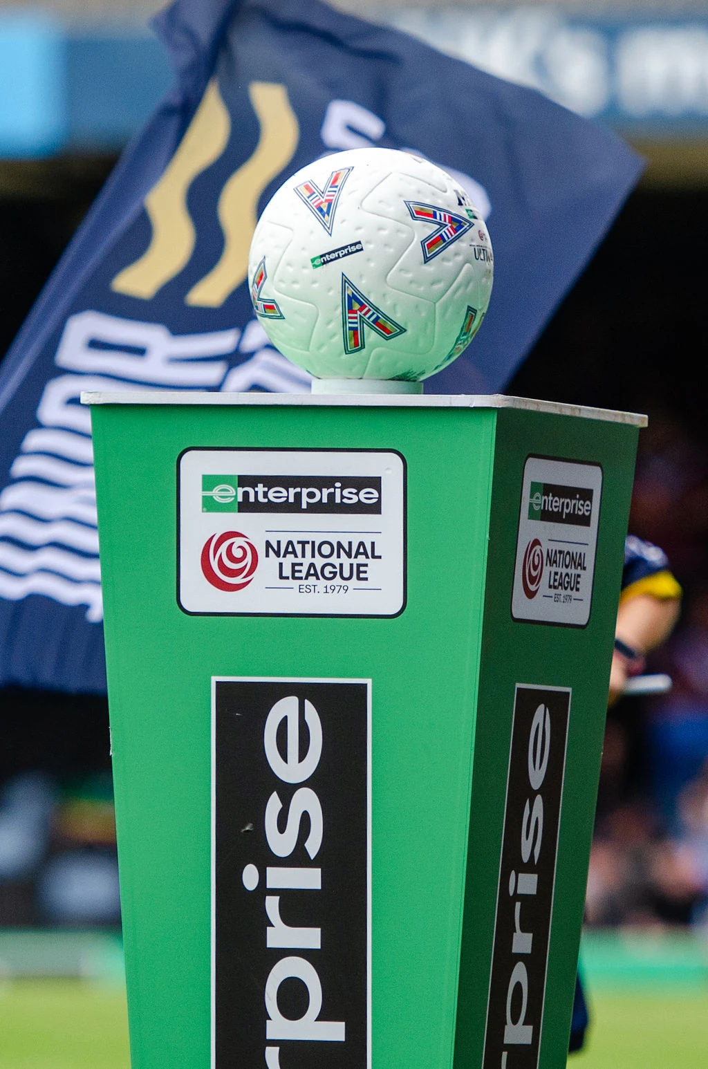 Match ball on an Enterprise National League plinth with a Southend flag behind it.
