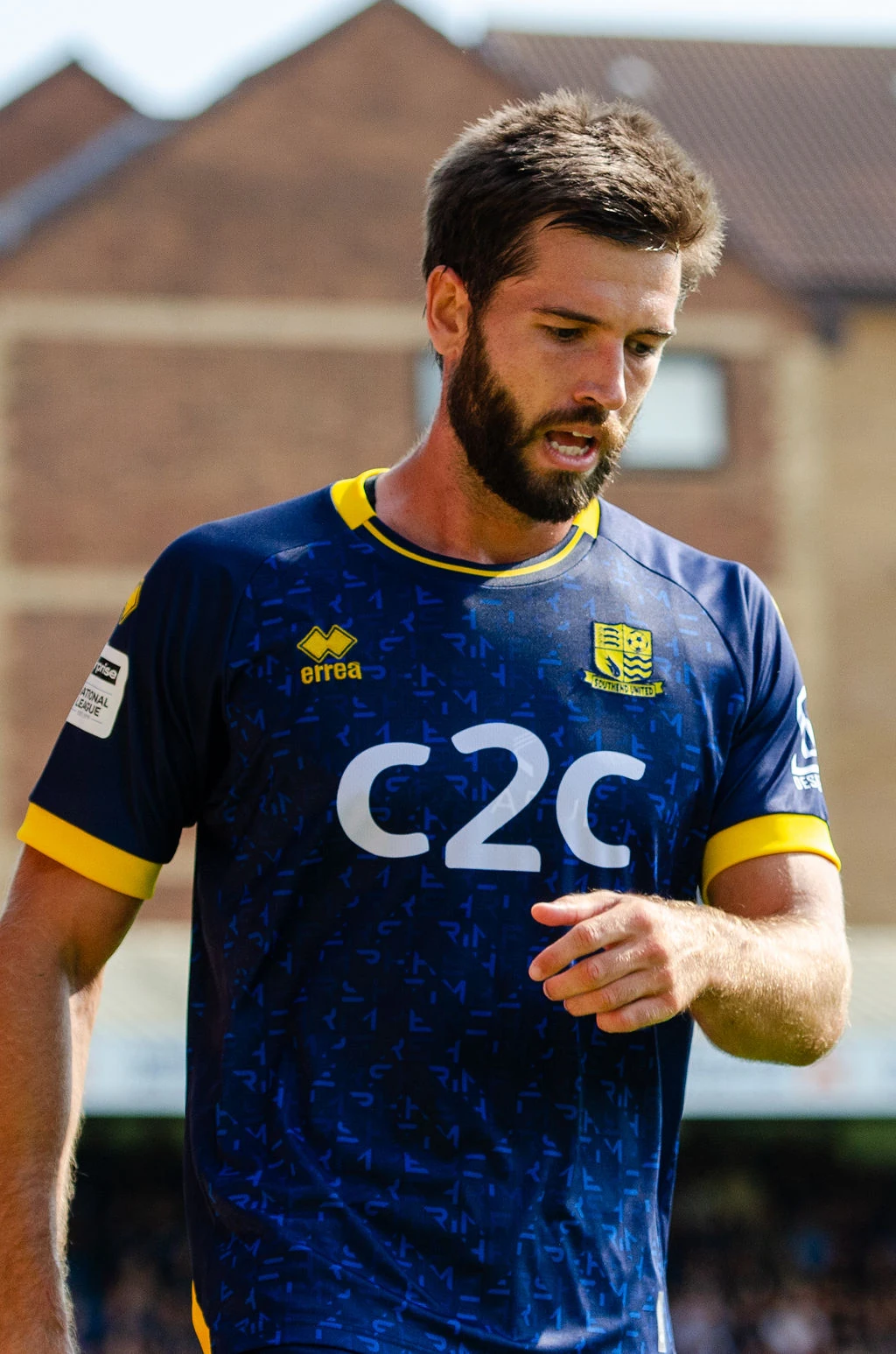 Close portrait of a Southend player in the home shirt.